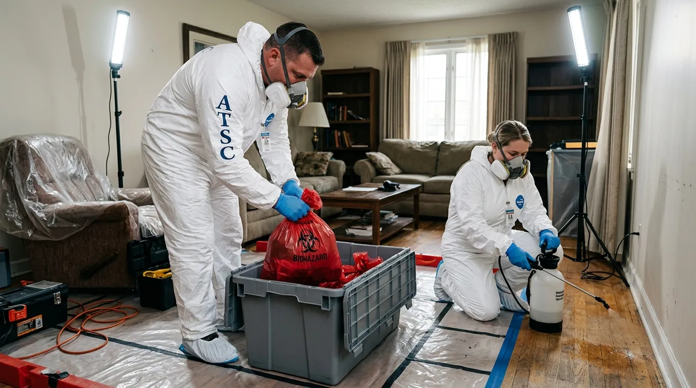 Professional Hazmat Cleanup technician in full PPE working in Chandler